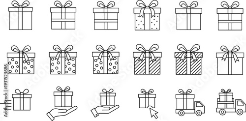 Gift box icons set, present packaging, ribbon wrapped surprise, delivery and shopping symbols, celebration and holiday outline illustration isolated on white background