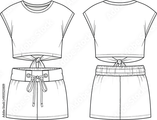 Technical fashion flat sketch of a women's cropped tie-front t-shirt and drawstring shorts set for apparel design and tech packs.