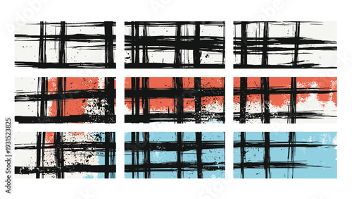 Set of nine horizontal banners featuring a textured grid pattern with expressive black lines and splashes of color.