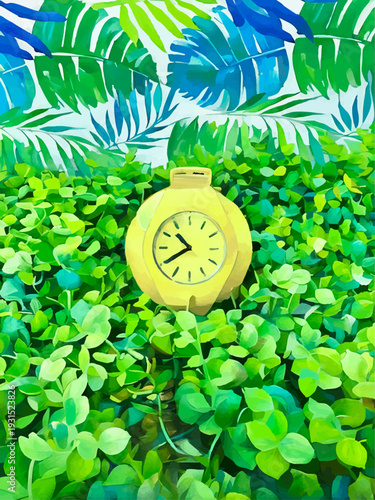 Yellow rubber watch worn around tennis ball set in artificial weed against palm leaf background; vector illustration for speed sports, time to exercise outdoors, open air fitness, nature relax design