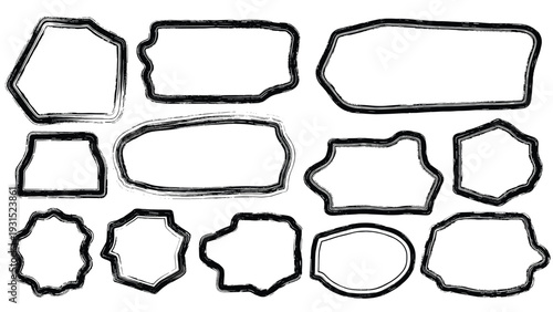 Set of diverse hand-drawn black outlines for frames or labels with irregular sketchy edges on a white background.