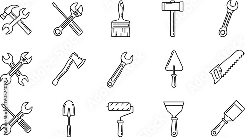 Handyman tools and construction equipment icon set, hammer wrench saw paint roller trowel brush screwdriver symbols, home repair maintenance, black outline vector illustration