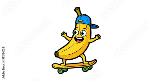 Cartoon Banana Character Riding Skateboard with Blue Cap