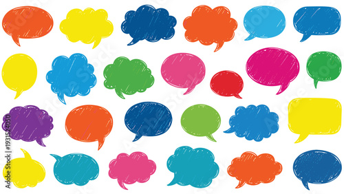 Wide variety of colorful hand-drawn speech bubbles in diverse shapes and sizes on a clean white background for messaging icons.
