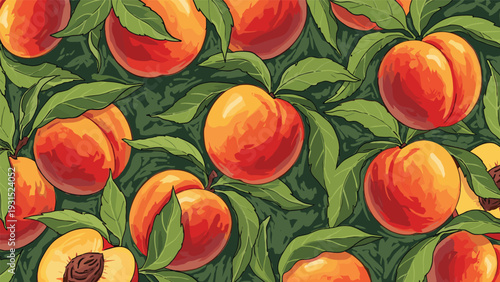 Painterly seamless pattern featuring ripe whole and halved peaches with textured green leaves for a fresh fruity look.