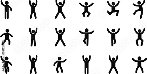 Happy jumping and dancing people silhouette icons set, active celebration poses, energetic body movement symbols, minimal black vector illustration for fitness, success, and motivation design