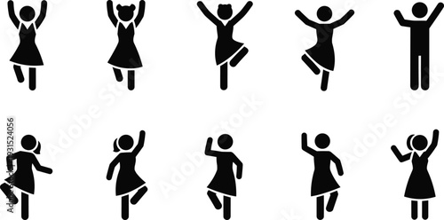 Happy dancing women and people silhouette icons set, joyful celebration poses, energetic body movement symbols, minimal black vector illustration for fitness, success, and motivation design