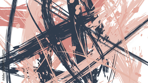 Abstract composition of thick overlapping expressive black and soft pink brushstrokes on a white background for modern art.