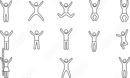 Happy jumping people icon set, joyful human silhouettes showing celebration, success, freedom, fitness, and positive energy in minimal outline vector style