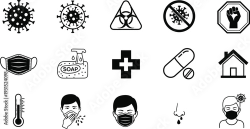 Health and safety pandemic prevention icon set, virus protection, face mask, hand washing, medical care, quarantine, hygiene awareness, COVID-19 symbols, vector illustration