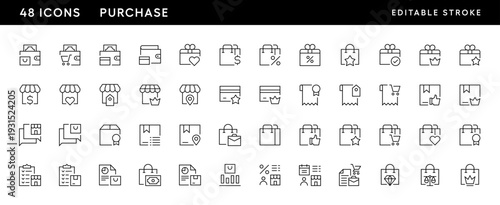 Purchase icon collection. Retail, purchase, store, shopping bag, wallet, sale, invoice, price tag, marketplace, gift and more. Editable stroke. Pixel Perfect. Grid base 32 x 32.