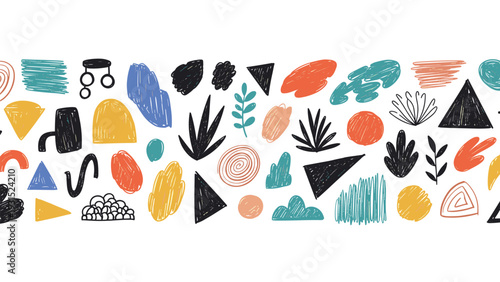 Wide banner featuring a diverse collection of abstract hand drawn shapes symbols and plant motifs in a vibrant palette for creative design projects.