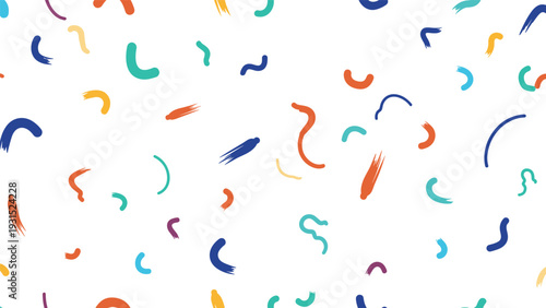 Playful seamless pattern of colorful scattered squiggle lines and brush strokes on a clean white background for a fun and modern visual style.
