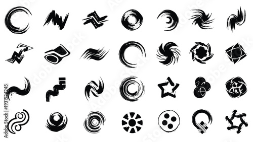 Comprehensive collection of black ink brush symbols marks and abstract logos in various shapes and styles for branding and identity design elements.