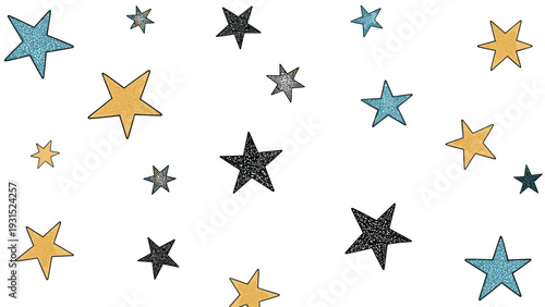 Whimsical background featuring scattered stars in various sizes and textures including black blue and gold tones over a crisp white surface.