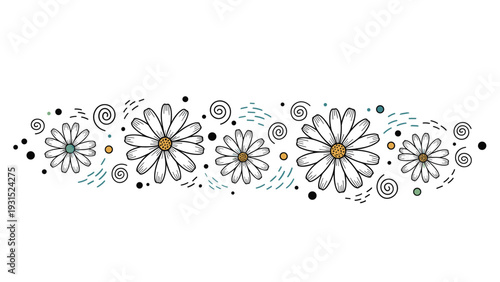 Delicate floral border featuring white daisies and decorative swirls dots and dashed lines in a charming hand drawn botanical illustration style.