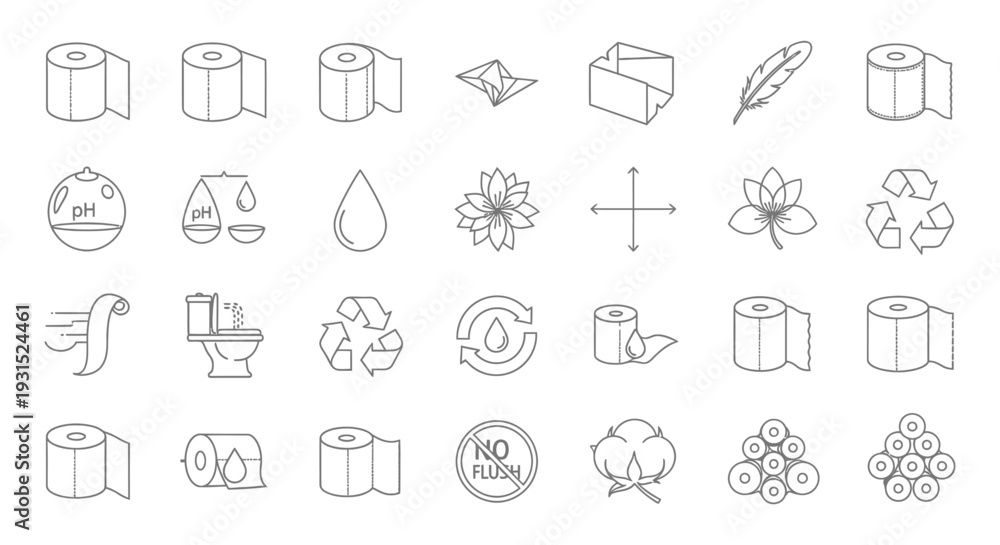 Fototapeta premium set of line icons for toilet paper and hygiene featuring symbols for softness ph balance absorbency and sustainability.