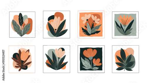 Set of eight contemporary square floral illustrations featuring abstract flowers and leaves in a sophisticated muted color palette.