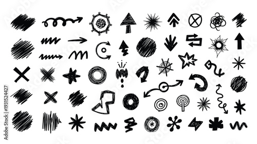 Large collection of hand drawn black charcoal marks arrows stars and abstract symbols in a rough sketchy style for creative graphic designs.