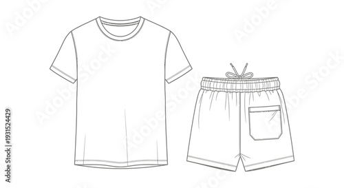 mens casual t-shirt and shorts flat fashion technical sketch template perfect for apparel design mockups