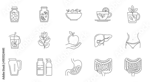 minimalist line art health and wellness icons illustrating natural remedies nutrition digestive system and healthy lifestyle concepts.