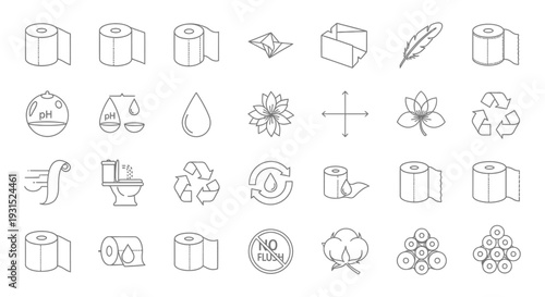 set of line icons for toilet paper and hygiene featuring symbols for softness ph balance absorbency and sustainability.