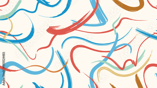 Seamless abstract pattern featuring long wavy brush strokes in teal red orange and blue colors on a light beige background for wall art.