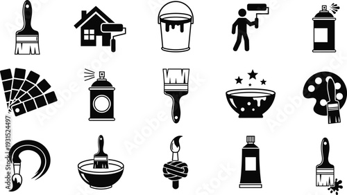 Home renovation and painting icon set featuring paint brushes, rollers, spray cans, color palettes, paint buckets, house maintenance, interior design, and artistic tools.