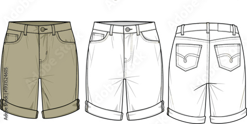 Men's chino denim shorts technical fashion flat vector sketch template with rolled hem front and back views for apparel design and garment manufacturing mockups