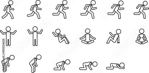 Human activity and posture icon set, running, sitting, falling, resting poses, motion sequence, fitness and daily movement symbols, minimalist line vector illustration