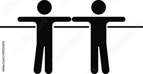 Human body measurement icon illustration, standing people silhouette with arm span distance guide, minimalist black pictogram, proportion scale concept, vector graphic design