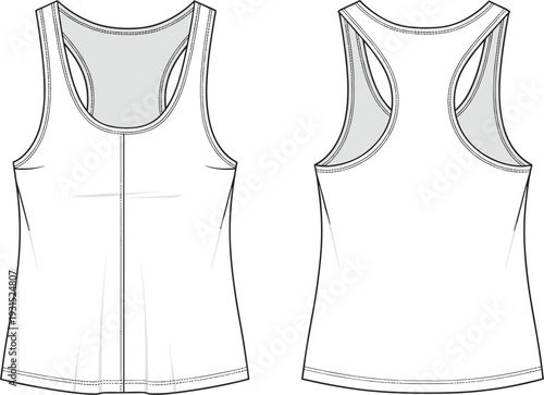 Women's sleeveless racerback tank top technical sketch fashion flat vector template with front and back views for apparel design and garment manufacturing mockups