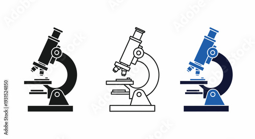 Microscope Icon Set with Silhouette, Outline, and Blue Vector Illustrations Isolated on White