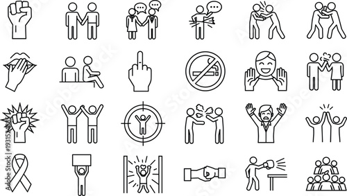 Human interaction and social behavior icon set, communication, conflict, support, protest, teamwork, emotions, relationships, rights awareness, community engagement, line vector illustration