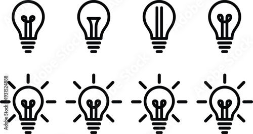 Set of 8 minimalist black line lightbulb icons representing ideas, innovation, and creative thinking.