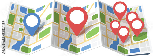 Wide accordion-fold paper map illustration with blue and red location pins for city navigation and travel infographics.