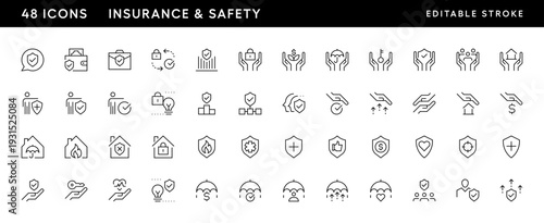 Insurance and safety icon collection. Shield, protection, care, social security, safety, coverage, risk management, financial protection and more. Editable stroke. Pixel Perfect. Grid base 32 x 32.