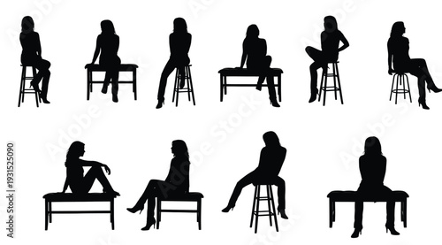 Silhouettes of women sitting on stools and benches in various poses isolated on white background