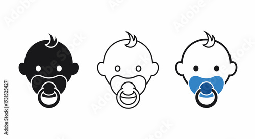 Baby Face Icon Set with Pacifier, Outline and Silhouette Styles, Isolated on White Background Vector