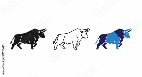 Bull Charging Vector Illustration Icon Set Isolated on White Background