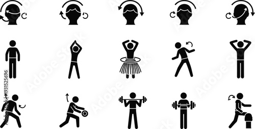 Fitness and exercise icon set featuring stretching, weightlifting, bodybuilding, gym workouts, hula hooping, warm up routines, and physical training symbols for health apps