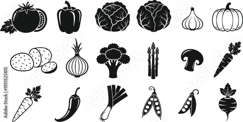 Fresh vegetable black icon set featuring healthy tomato, pepper, cabbage, garlic, pumpkin, potato, onion, broccoli, asparagus, mushroom, carrot, chili, leek, peas, and beet symbols.