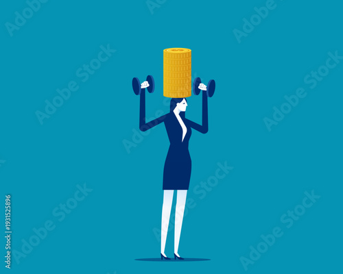 Businesswoman is lifting dumbbells and has a lot of coins stacked on head