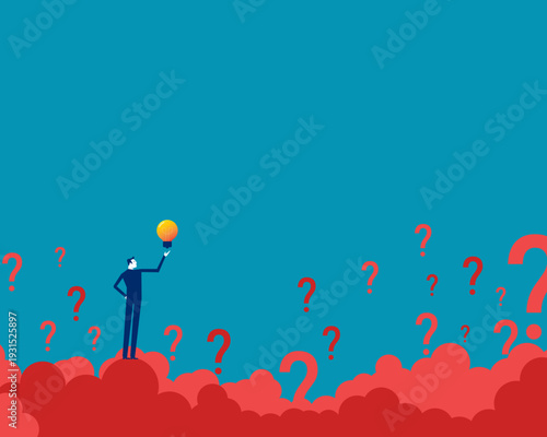 Creative idea. Businessman with light bulb amidst the clutter of question marks