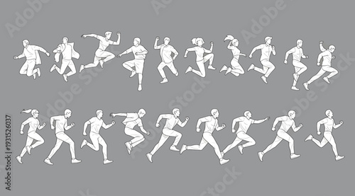 Collection of various running human silhouettes in different poses on gray background