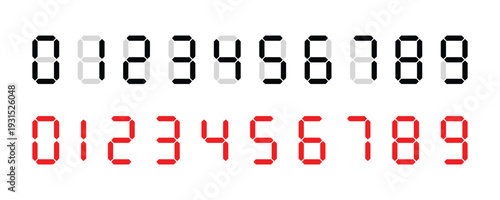 Digital display numbers. Seven segment LED or LCD electronic clock digit. Transparent PNG and vector