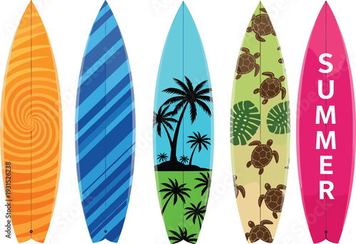 Set of colorful surfboards with tropical patterns palm trees turtles stripes summer beach vector illustration