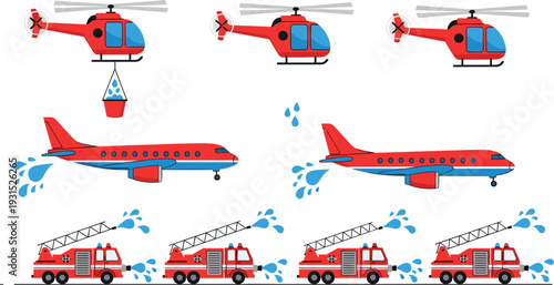 Firefighting vehicles and aircraft helicopters planes and fire trucks emergency rescue transport vector illustration set