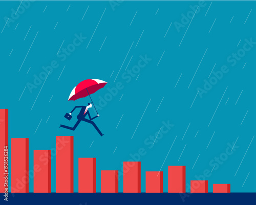 Financial insurance. Businessman with umbrella falling from the heights of the bar chart to the lows