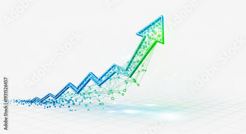 Abstract upward trending arrow graph with digital particles.
